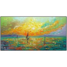 Tablo Dekor Yeşil Denizdeki Yelkenli Gemiler Yağlı Boya Dokulu Tablo