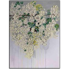 Tablo Dekor Beyaz Çiçekli Ağaç Dalı Yoğun Yağlı Boya Dokulu Tablo