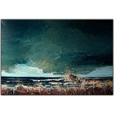 Tablo Dekor Karanlık Gökyüzü ve Kıyıya Vuran Dalgalar Yağlı Boya Dokulu Tablo