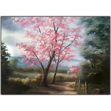 Tablo Dekor Ormandaki Pembe Yapraklı Ağaç Orijinal Yağlı Boya Tablo