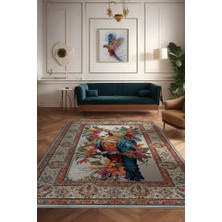 Homshtag Nuh'un Gemisi Koleksiyonu Papağan, Çiçek Desenli Art Deco Tarzı Vintage Halı,Çok Renkli Maksimalist Halı