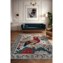 Homshtag Nuh'un Gemisi Koleksiyonu Horoz, Çiçek Desenli Art Deco Tarzı Vintage Halı,Çok Renkli Maksimalist Halı