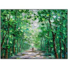 Tablo Dekor Yeşil Yapraklı Ağaçlar ve Yolda Yürüyen Çift Yoğun Yağlı Boya Dokulu Tablo