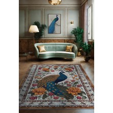 Homshtag Nuh'un Gemisi Koleksiyonu Tavus Kuşu, Çiçek Desenli Art Deco Tarzı Vintage Halı,Çok Renkli Maksimalist Halı