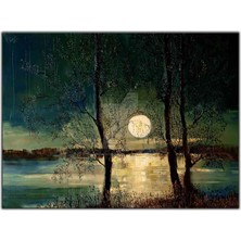 Tablo Dekor Ay Işığında Göl Manzarası Yağlı Boya Dokulu Tablo
