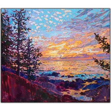 Tablo Dekor Çam Ağaçları ve Göl Manzarası Yağlı Boya Dokulu Tablo