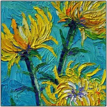 Tablo Dekor Sarı Yapraklı Çiçekler Yağlı Boya Dokulu Tablo