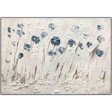 Tablo Dekor Soyut Lacivert ve Beyaz Çiçekler Orijinal Yağlı Boya Tablo