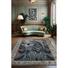 Homshtag Nuh'un Gemisi Koleksiyonu Zebra, Çiçek Desenli Art Deco Tarzı Vintage Halı,Çok Renkli Maksimalist Halı