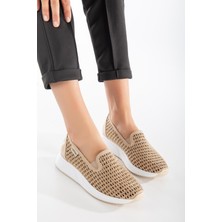 Dilimler Ayakkabı Taşlı Lazer Baskılı Bağsız Bej Kadın Casual Spor Ayakkabı