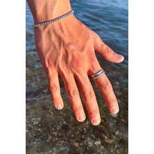 Trend Collection Antik Çizgi Şerit Desenli Gümüş Kaplama Ayarlanabilir Klasik Erkek Alyans Yüzük ve Bileklik Set