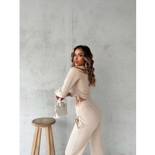 AB Looks Kadın Fitilli Yanı Büzgülü Uzun Kollu Bluz Crop Palazzo Pantolon Alt Üst Takım Esnek Ikili Takım