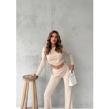 AB Looks Kadın Fitilli Yanı Büzgülü Uzun Kollu Bluz Crop Palazzo Pantolon Alt Üst Takım Esnek Ikili Takım