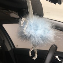 Oto Aksesuarcım Flamingo Gümüş Pleksi Taşlı Dikiz Ayna Süsü Mavi Tüylü