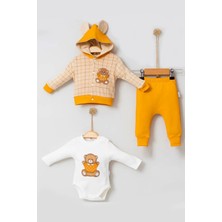 Cndr Bear Çizgili % 100 Pamuk Hırkalı 3'lü Bebek Takımı