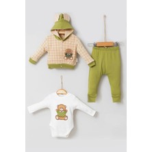 Cndr Bear Çizgili % 100 Pamuk Hırkalı 3'lü Bebek Takımı