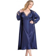 Ahu Aria's Closet Büyük Beden Lacivert Uzun Ikili Saten Sabahlık Gecelik Takımı