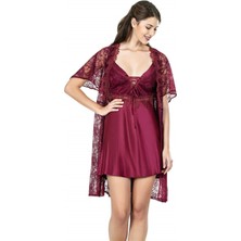 Ahu Aria's Closet Bordo Kısa Ikili Saten Sabahlık Gecelik Takımı