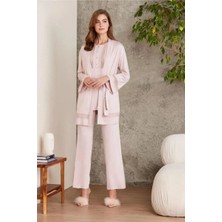 Pierre Cardin 2800 Kadın Pudra Dantelli Penye 3'lü Sabahlıklı Pijama Takım