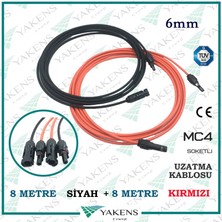Yakens Enerji Güneş Paneli Uzatma Kablosu (8m+8m) 6 mm Çift Taraflı Mc4 Soketli Solar Ara Kablo Siyah Kırmızı