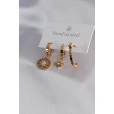 E-Bijuteri Çelik Gold Renk Kutup Yıldızı Model Zirkon Taşlı Kadın Küpe Kombini