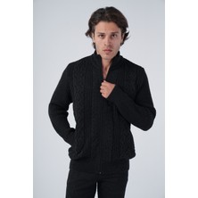 Trist Star Erkek Siyah Saç Yürütme Arka Kol Selanik Dik Yaka Cepli Triko Yün Hırka TRIST-5298