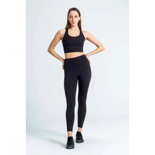 Black Deer Yüksek Bel Geniş Kemer Toparlayıcı Sıkılaştırıcı Dalgıç Kumaş Günlük Spor Kadın Tayt Siyah