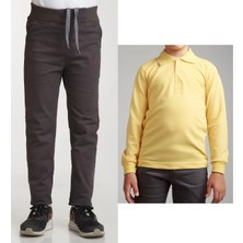 Mavimoure Unisex Çocuk Ribana Bel Keten Füme Okul Pantolonu + Polo Yaka Uzun Kol T-Shirt