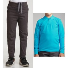 Mavimoure Unisex Çocuk Ribana Bel Keten Füme Okul Pantolonu + Polo Yaka Uzun Kol T-Shirt