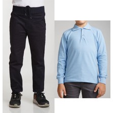 Mavimoure Unisex Çocuk Ribana Bel Keten Lacivert Okul Pantolonu + Polo Yaka Uzun Kol T-Shirt