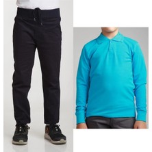 Mavimoure Unisex Çocuk Ribana Bel Keten Lacivert Okul Pantolonu + Polo Yaka Uzun Kol T-Shirt