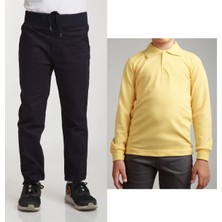 Mavimoure Unisex Çocuk Ribana Bel Keten Lacivert Okul Pantolonu + Polo Yaka Uzun Kol T-Shirt