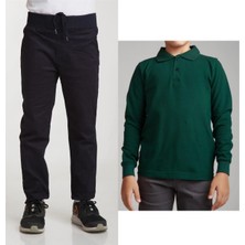 Mavimoure Unisex Çocuk Ribana Bel Keten Lacivert Okul Pantolonu + Polo Yaka Uzun Kol T-Shirt