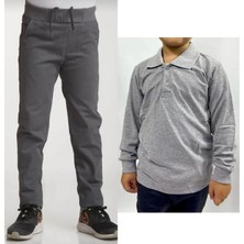 Mavimoure Unisex Çocuk Ribana Bel Keten Gri Okul Pantolonu + Polo Yaka Uzun Kol T-Shirt