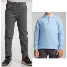 Mavimoure Unisex Çocuk Ribana Bel Keten Gri Okul Pantolonu + Polo Yaka Uzun Kol T-Shirt