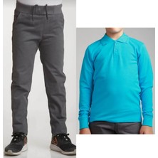 Mavimoure Unisex Çocuk Ribana Bel Keten Gri Okul Pantolonu + Polo Yaka Uzun Kol T-Shirt
