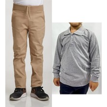 Mavimoure Unisex Çocuk Ribana Bel Keten Bej Okul Pantolonu + Polo Yaka Uzun Kol T-Shirt