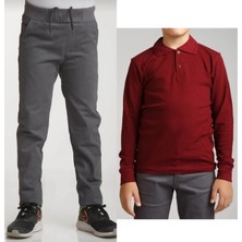 Mavimoure Unisex Çocuk Ribana Bel Keten Gri Okul Pantolonu + Polo Yaka Uzun Kol T-Shirt