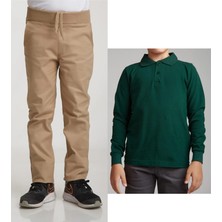 Mavimoure Unisex Çocuk Ribana Bel Keten Lacivert Okul Pantolonu + Polo Yaka Uzun Kol T-Shirt
