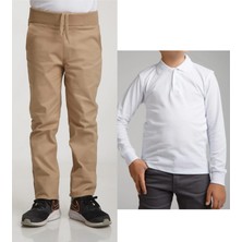 Mavimoure Unisex Çocuk Ribana Bel Keten Bej Okul Pantolonu + Polo Yaka Uzun Kol T-Shirt