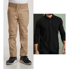 Mavimoure Unisex Çocuk Ribana Bel Keten Bej Okul Pantolonu + Polo Yaka Uzun Kol T-Shirt