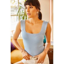 Butikems Kadın Açık Mavi Kalın Askılı Kare Yaka Triko Bluz