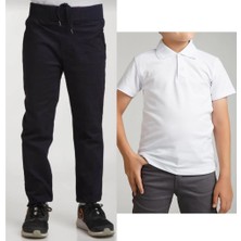 Mavimoure Unisex Çocuk Ribana Bel Keten Siyah Okul Pantolonu + Polo Yaka Kısa Kol T-Shirt