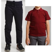 Mavimoure Unisex Çocuk Ribana Bel Keten Siyah Okul Pantolonu + Polo Yaka Kısa Kol T-Shirt
