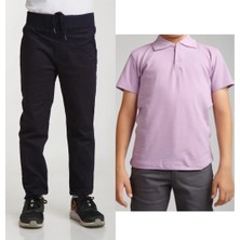 Mavimoure Unisex Çocuk Ribana Bel Keten Lacivert Okul Pantolonu + Polo Yaka Kısa Kol T-Shirt