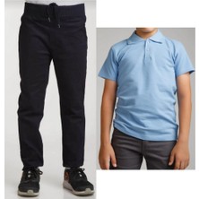 Mavimoure Unisex Çocuk Ribana Bel Keten Siyah Okul Pantolonu + Polo Yaka Kısa Kol T-Shirt