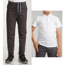 Mavimoure Unisex Çocuk Ribana Bel Keten Füme Okul Pantolonu + Polo Yaka Kısa Kol T-Shirt
