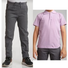 Mavimoure Unisex Çocuk Ribana Bel Keten Gri Okul Pantolonu + Polo Yaka Kısa Kol T-Shirt
