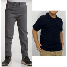 Mavimoure Unisex Çocuk Ribana Bel Keten Gri Okul Pantolonu + Polo Yaka Kısa Kol T-Shirt