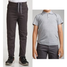 Mavimoure Unisex Çocuk Ribana Bel Keten Füme Okul Pantolonu + Polo Yaka Kısa Kol T-Shirt
